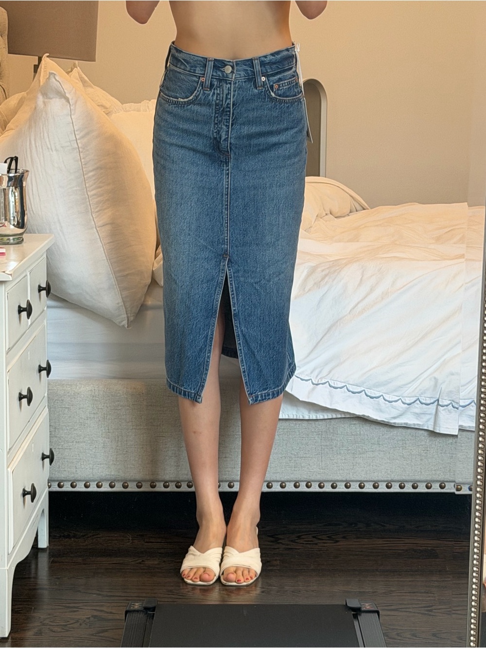 Aritzia Blue Denim Midi Pencil Skirt with Front Slit